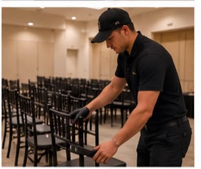 Colaborador acomodando sillas en filas dentro de un salón de conferencias