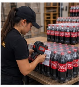 Colaboradora etiquetando paquetes de refrescos con pistola de etiquetas en almacén