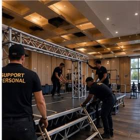 Staff técnico armando estructura de truss y templetes dentro de un salón