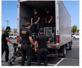 Equipo descargando cajas de equipo desde la caja de un camión con diablito de carga