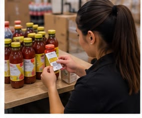 Colaboradora revisando etiquetas de botellas de salsa en un almacén