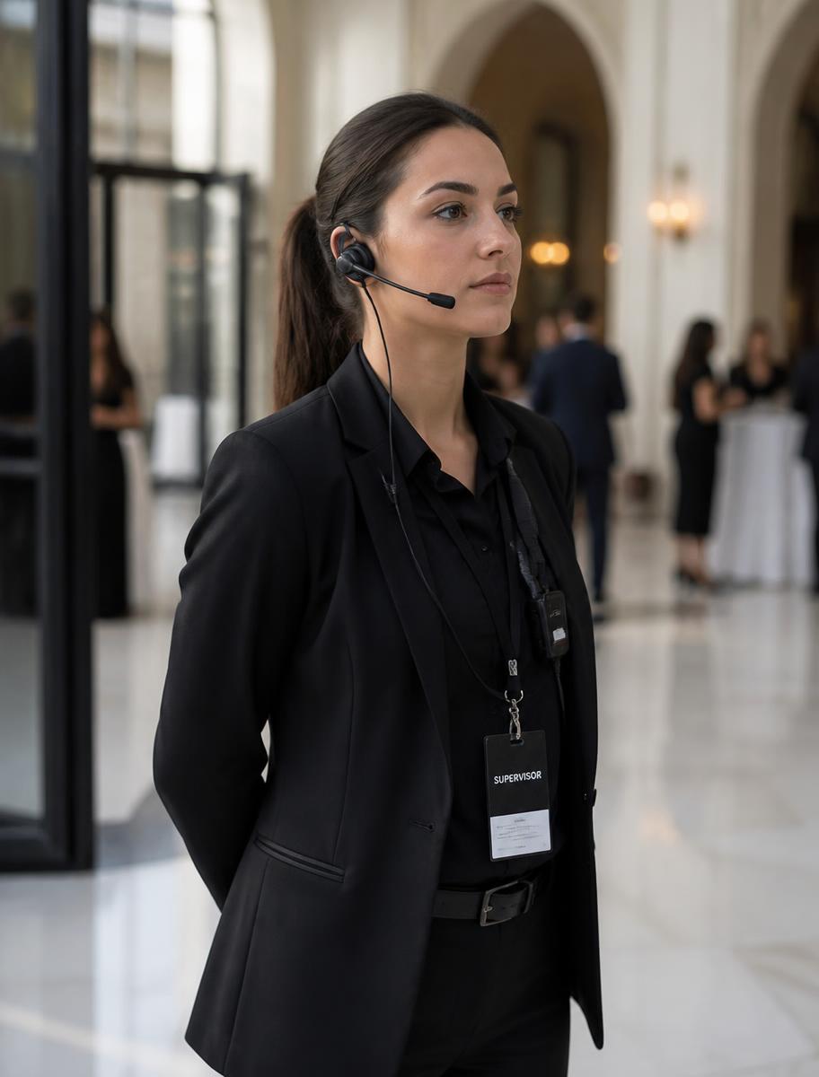 Supervisora de eventos con diadema de comunicación observando la operación en el lobby de un recinto