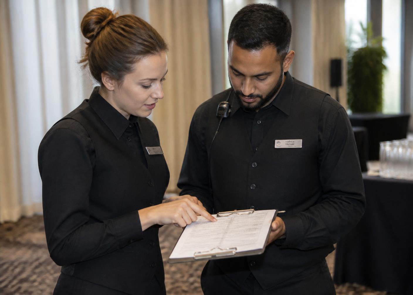 Dos supervisores de staff revisando la lista de requerimientos del evento antes de abrir puertas